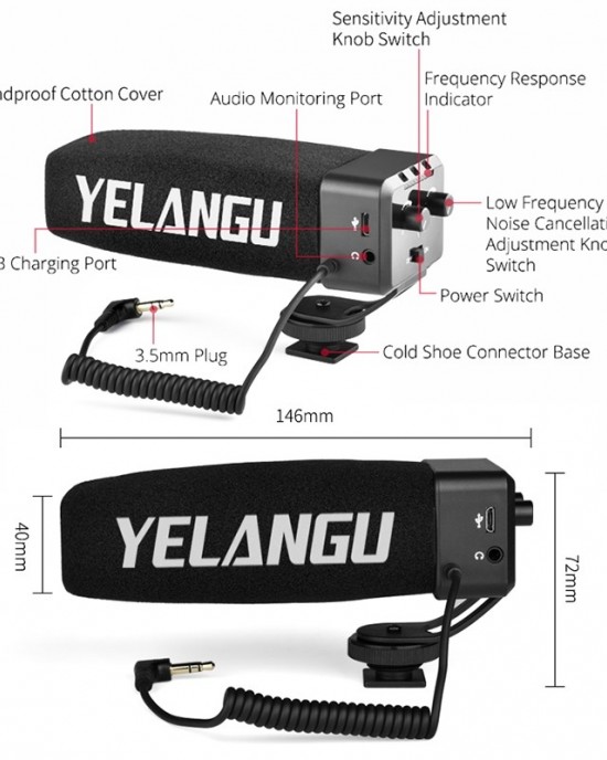 YELANG MIC09 Shotgun Gain Condenser Broadcast Microphone with Windshield for Canon Nikon Sony DSLR Cameras Smartphones Black YELANG MIC09 Shotgun Gain Condenser Broadcast Microphone with Windshield for Canon Nikon Sony DSLR Cameras Smartphones Black
